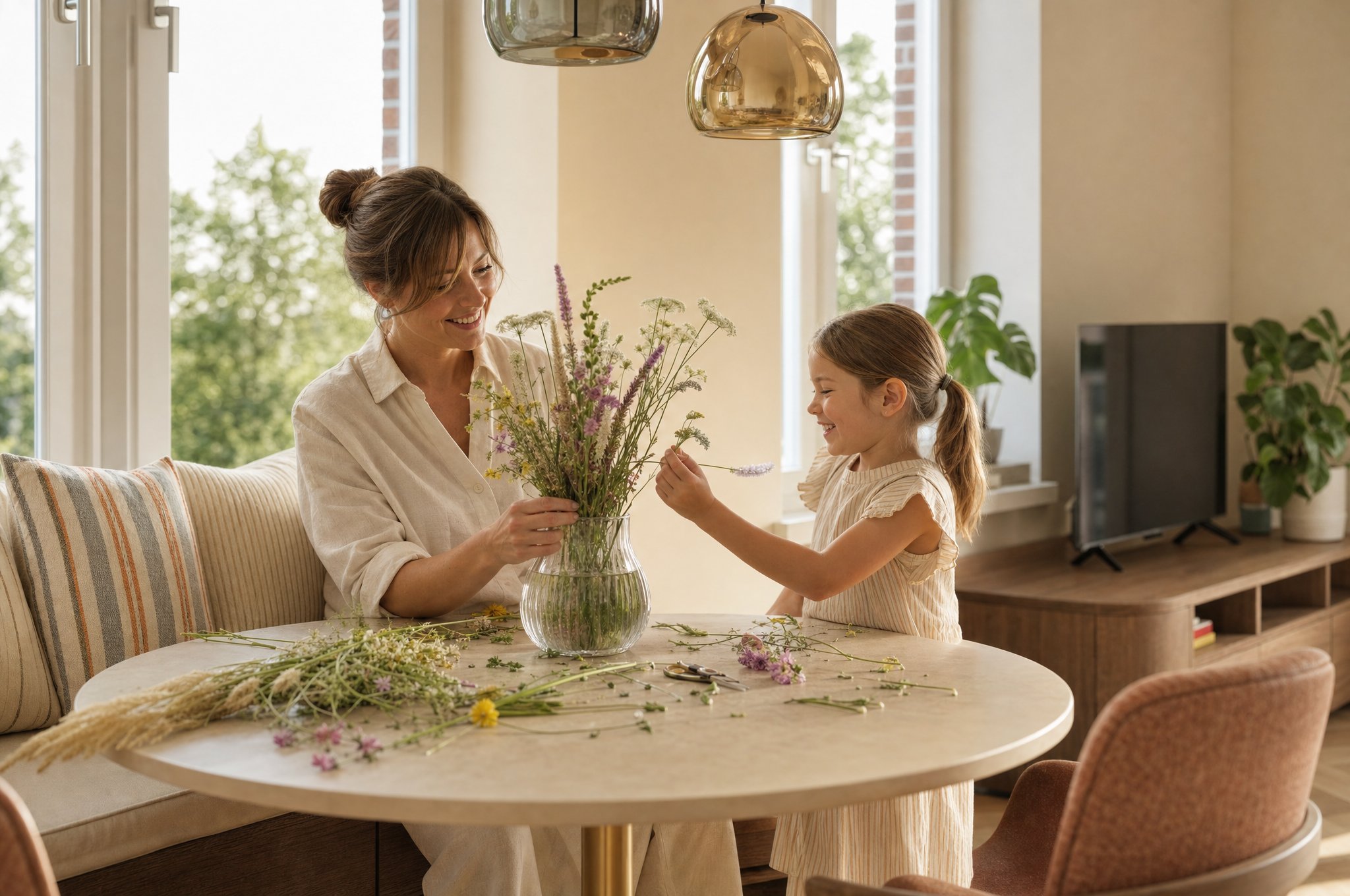 Interieurvisualisatie door Rendoo: moeder en dochter schikken bloemen in een lichte woonkamer