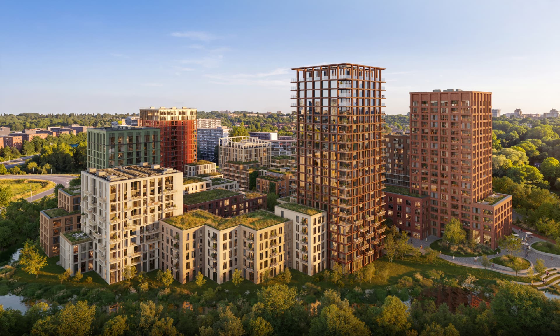 Impressie in vogelvlucht van een groene woonwijk met appartementengebouwen en twee woontorens