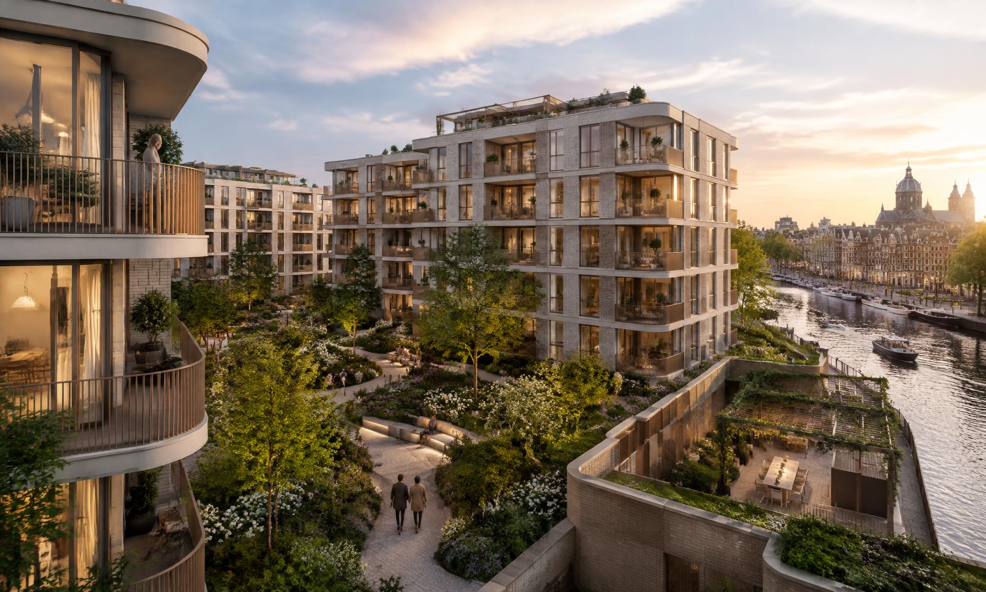 Visualisatie van een nieuwbouwproject aan het water bij zonsondergang